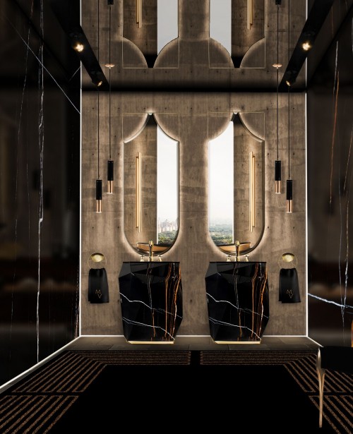 glamorous-dark-master-bathroom-with-diamond-faux-marble-freestanding-and-koi-mirror