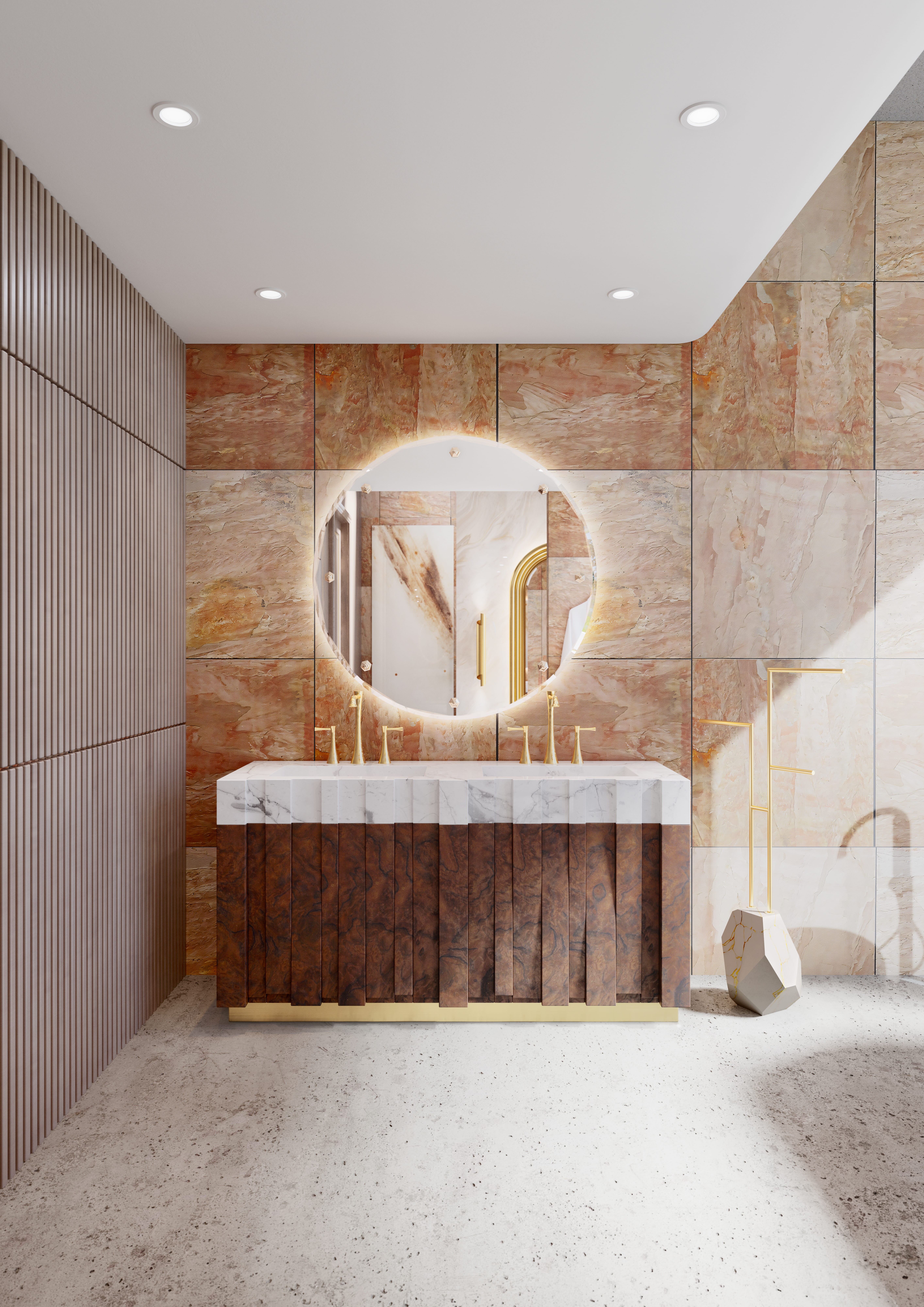 A GLAMOROUS RESTROOM INFUSED WITH MODERN ARTISTRY AND NATURAL ELEGANCE