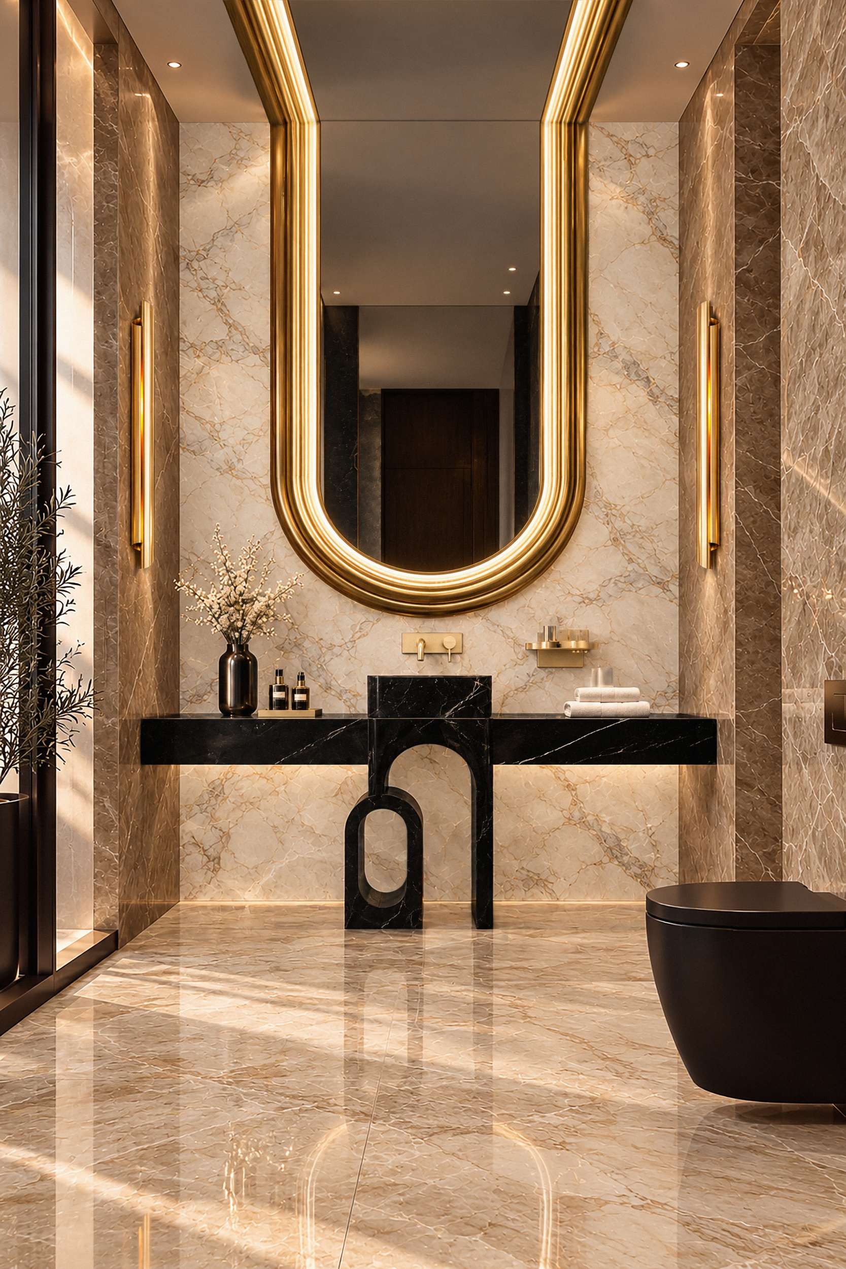 Luxury powder room with gold Colosseum mirror, Colosseum pedestal sink, Cyrus XL wall lamps and blue-grey marble wall-2