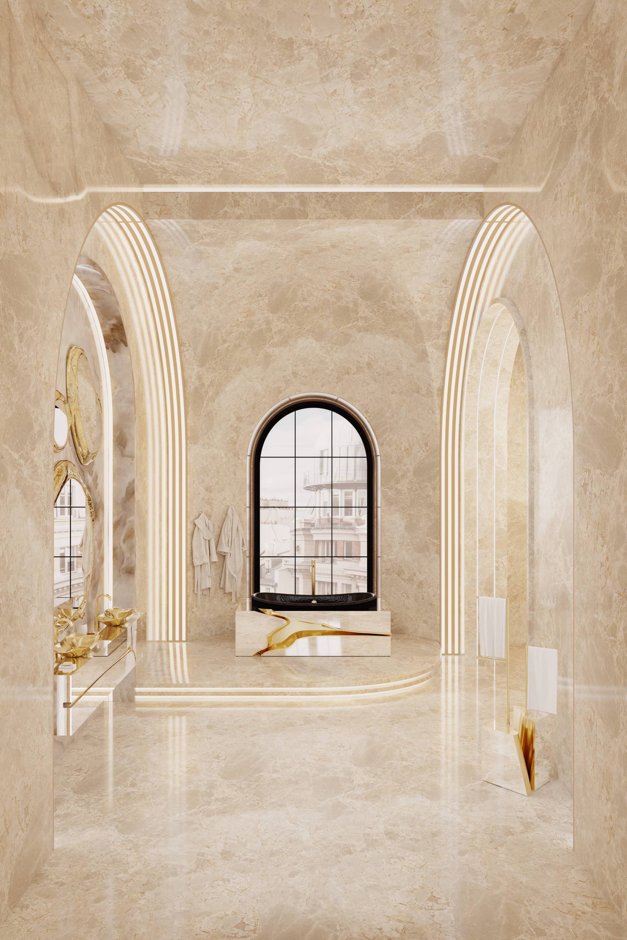 Elegant marble bathroom with the Lapiaz Bathtub, Lapiaz Suspension Cabinet and Halo Mirror in gold accents.-3