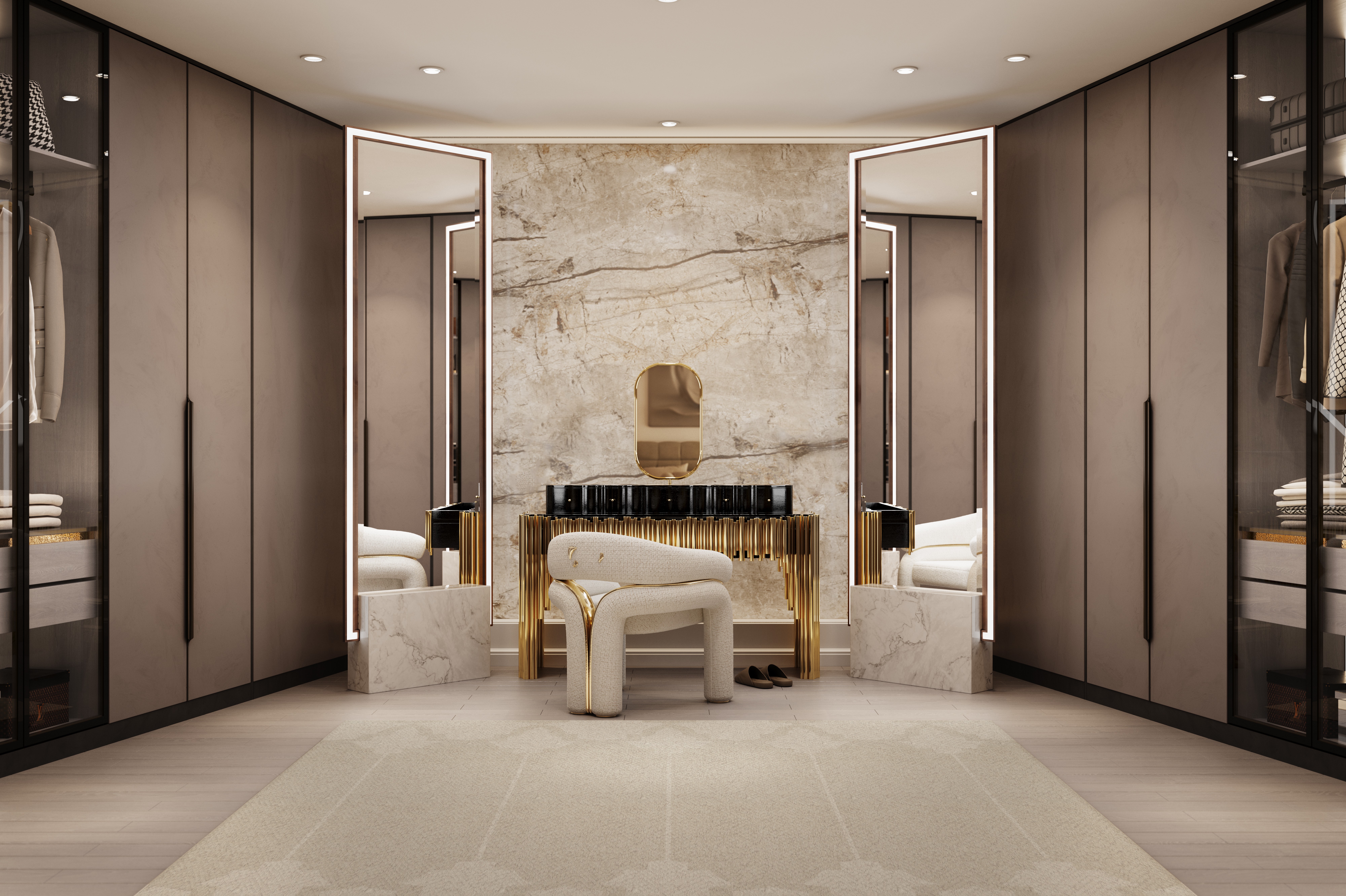 Symphony Vanity Table with gold accents in a marble-walled luxury dressing area-3