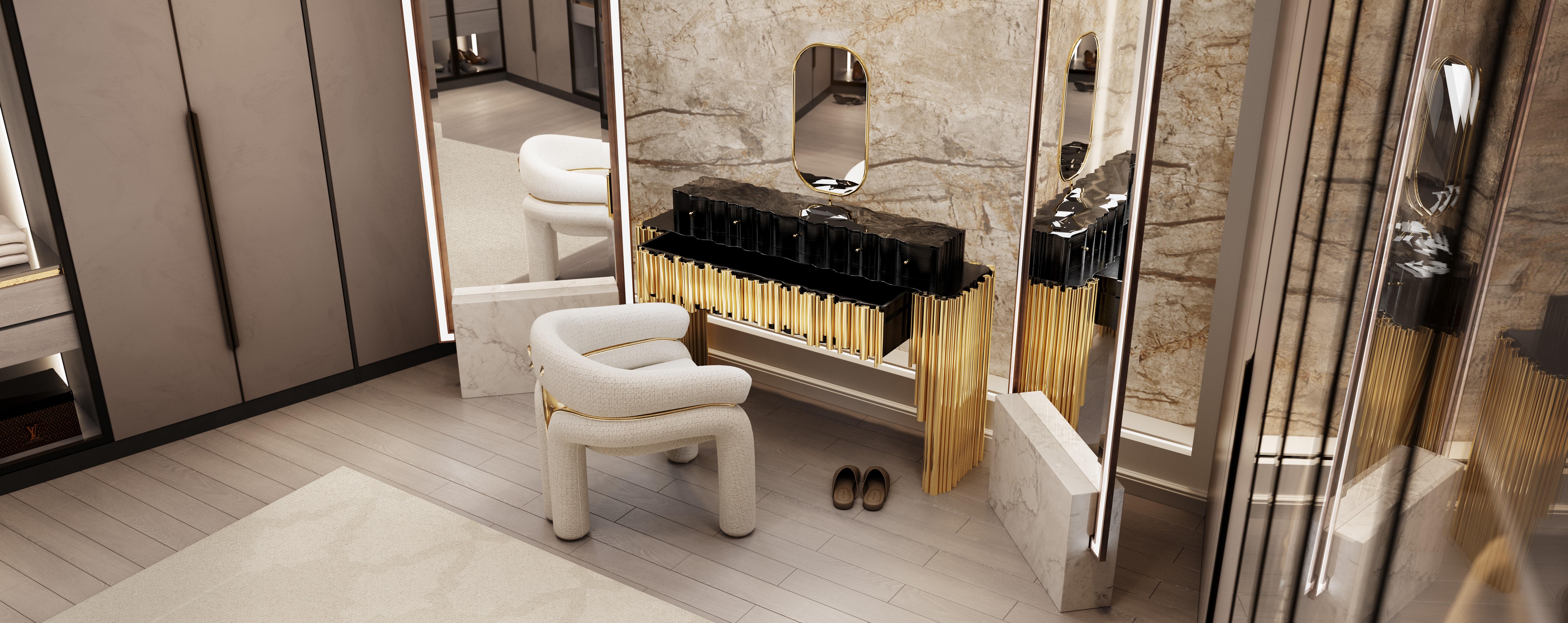 Symphony Vanity Table with gold accents in a marble-walled luxury dressing area-4