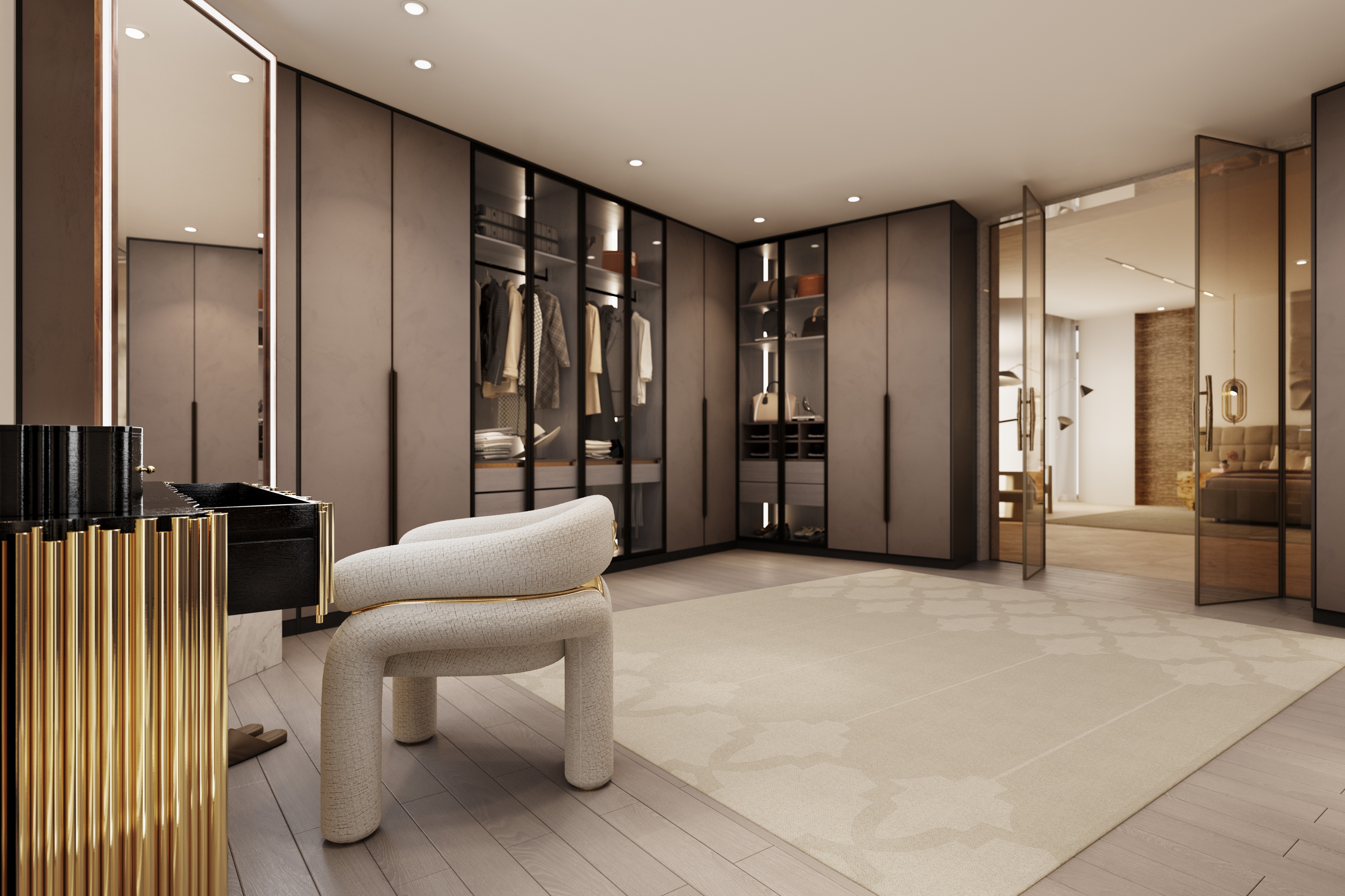 Symphony Vanity Table with gold accents in a marble-walled luxury dressing area-5