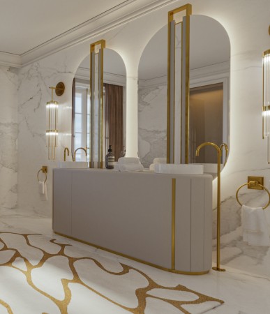 A Sovereign’s Bathroom With White Leather Bathroom Furniture And  Golden Lines-2