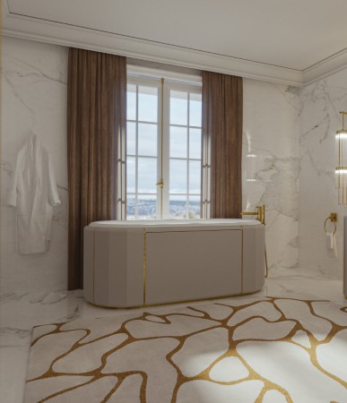 A Sovereign’s Bathroom With White Leather Bathroom Furniture And  Golden Lines-3