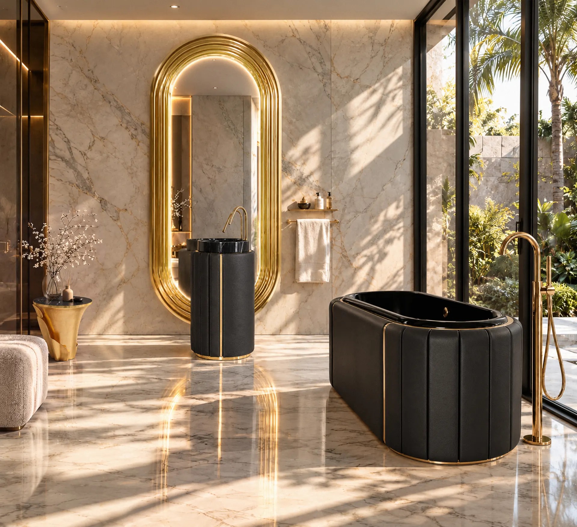 Master bathroom with black leather Darian Bathtub, Darian Pedestal Sink, gold Colosseum Mirror and Pulse floor mixer beside a glass wall