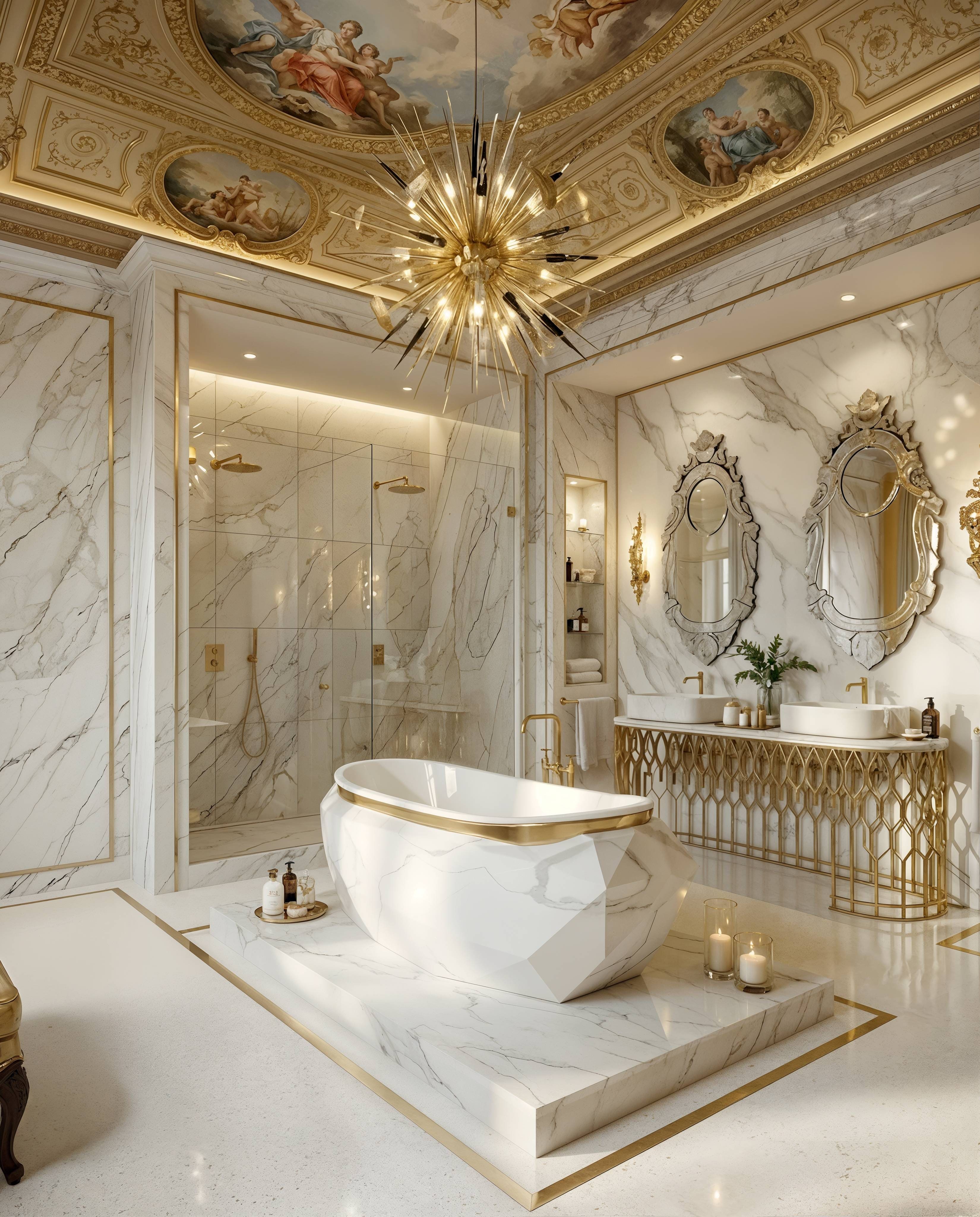 Luxury marble bathroom featuring Diamond Bathtub, by Maison Valentina and Mecca Vanity Cabinet, by Maison Valentina, with gold finishes, double vessel sinks, and classic ceiling detailing.