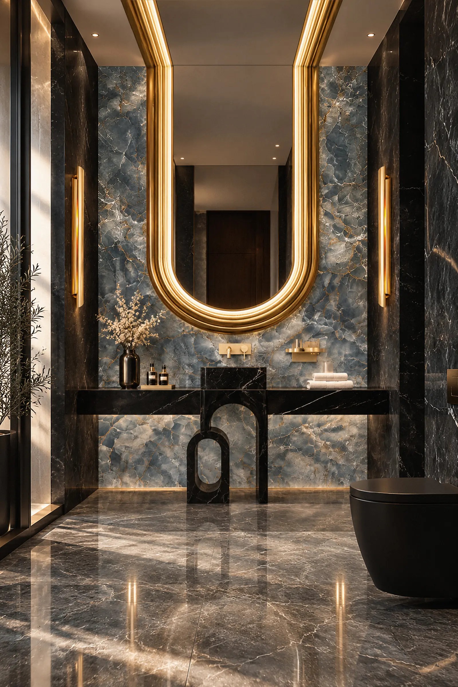Luxury powder bathroom with the Colosseum Mirror, Koi Rectangular Vessel Sink and Colosseum Pedestal Sink by Maison Valentina.
