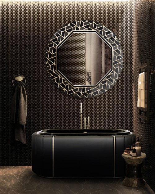 dark-bathroom-with-darian-bathtub-and-tortoise-mirror