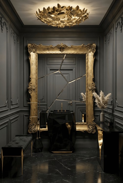 Dark luxury powder room styled with black marble and gold accents.