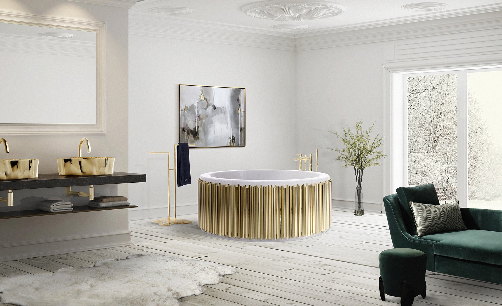 Elegant Master Bathroom with Golden and Dark Green Hues