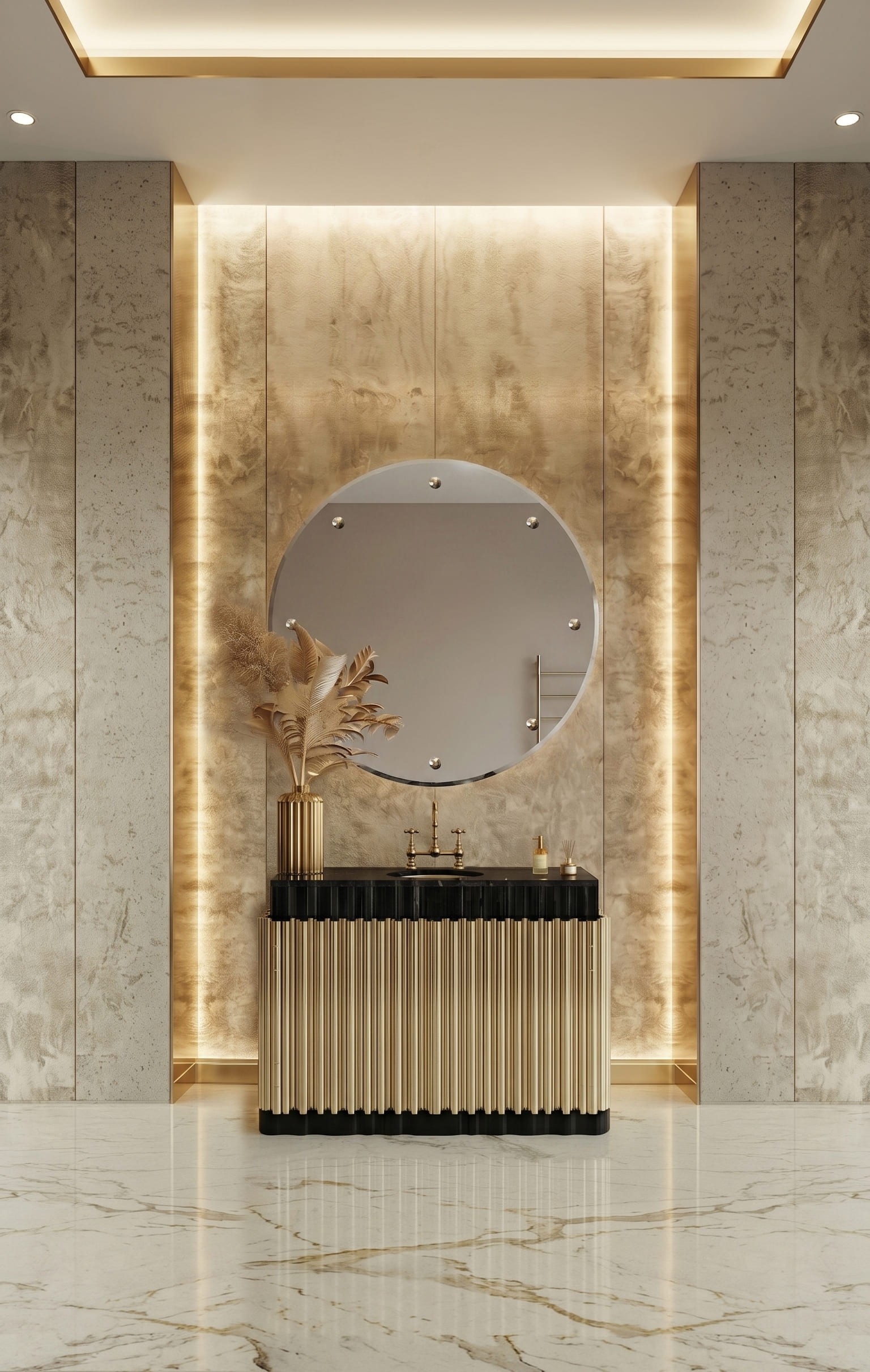 Elegant master suite featuring the Symphony Single Vanity Cabinet and Glimmer Mirror by Maison Valentina