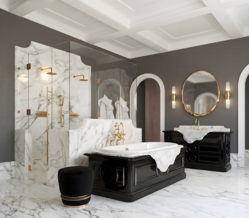 Elegant master suite featuring Petra Bathtub, Petra Vanity Cabinet, Magma Mirror, Tyco Wall Lamp and Noir Stool