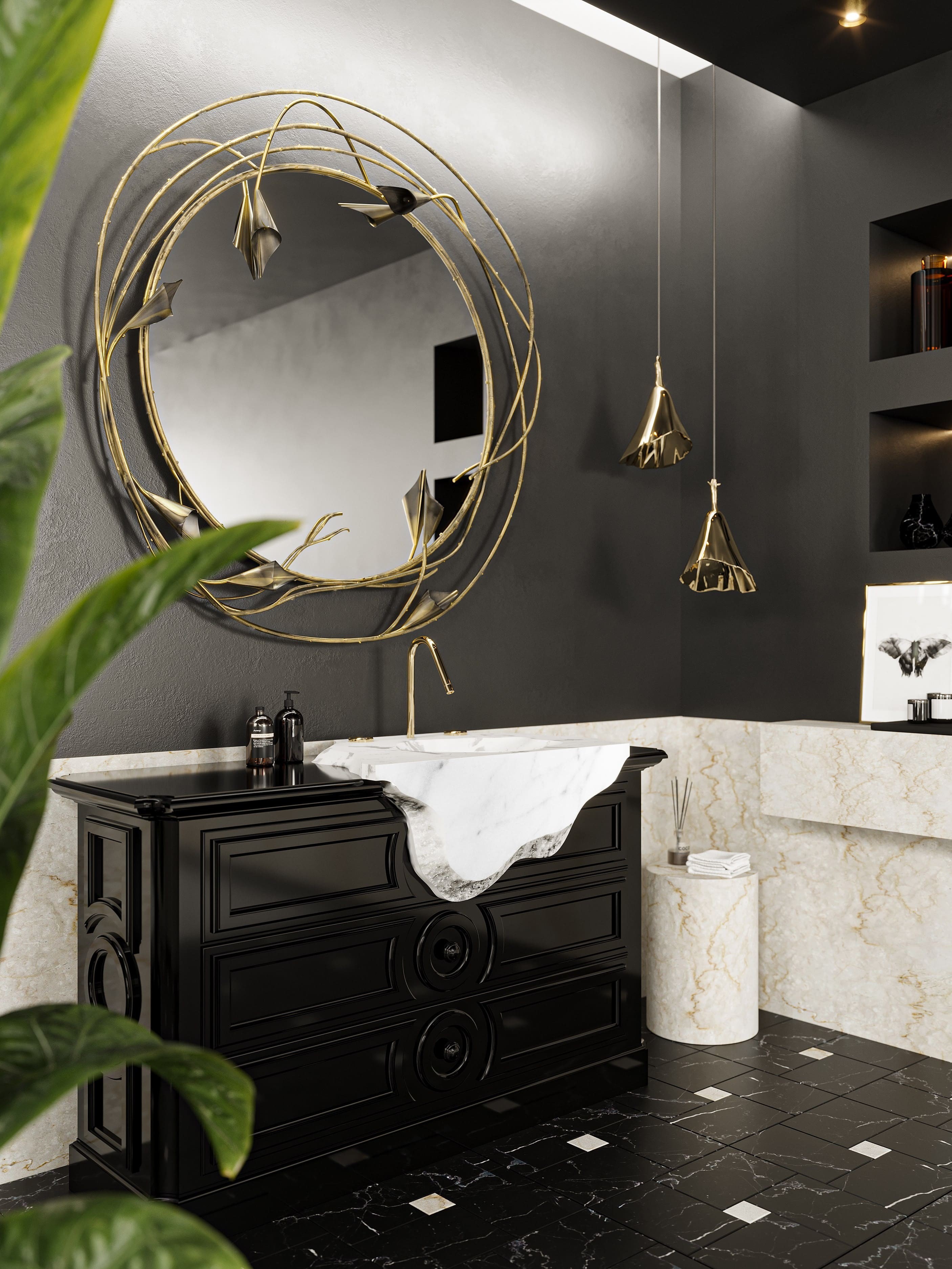 Glamorous master suite featuring Petra Vanity Cabinet, Stella Mirror and Gia Suspension Lamp