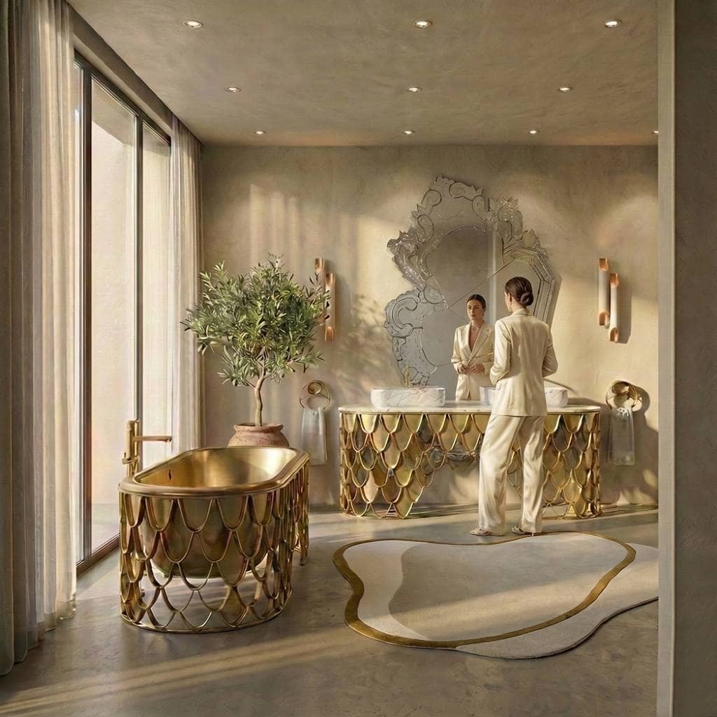 Luxury bathroom with Koi brass bathtub and Koi vanity cabinet, ornate mirror, warm lighting, and a blush irregular rug in a serene neutral space.