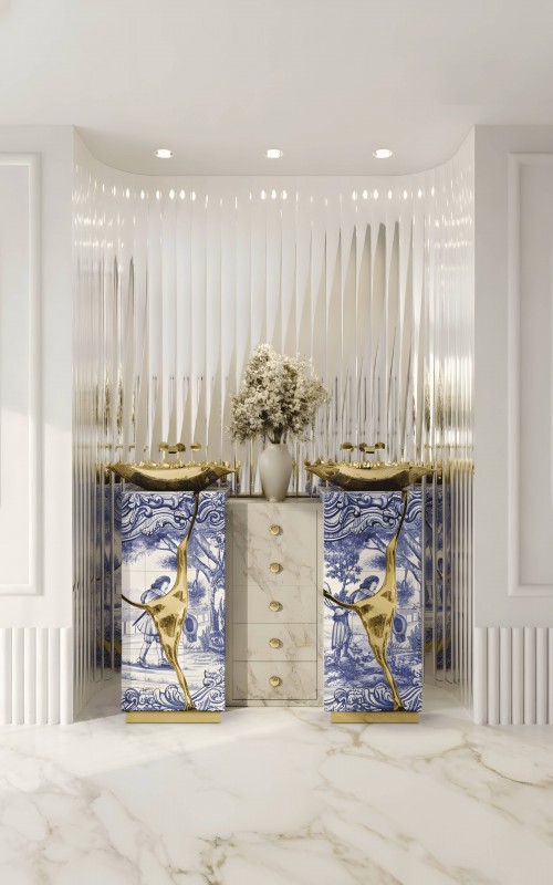 Lapiaz Heritage Pedestal Sink with Lapiaz Vessel Sink featuring blue and white artwork and gold accents in a luxury bathroom.
