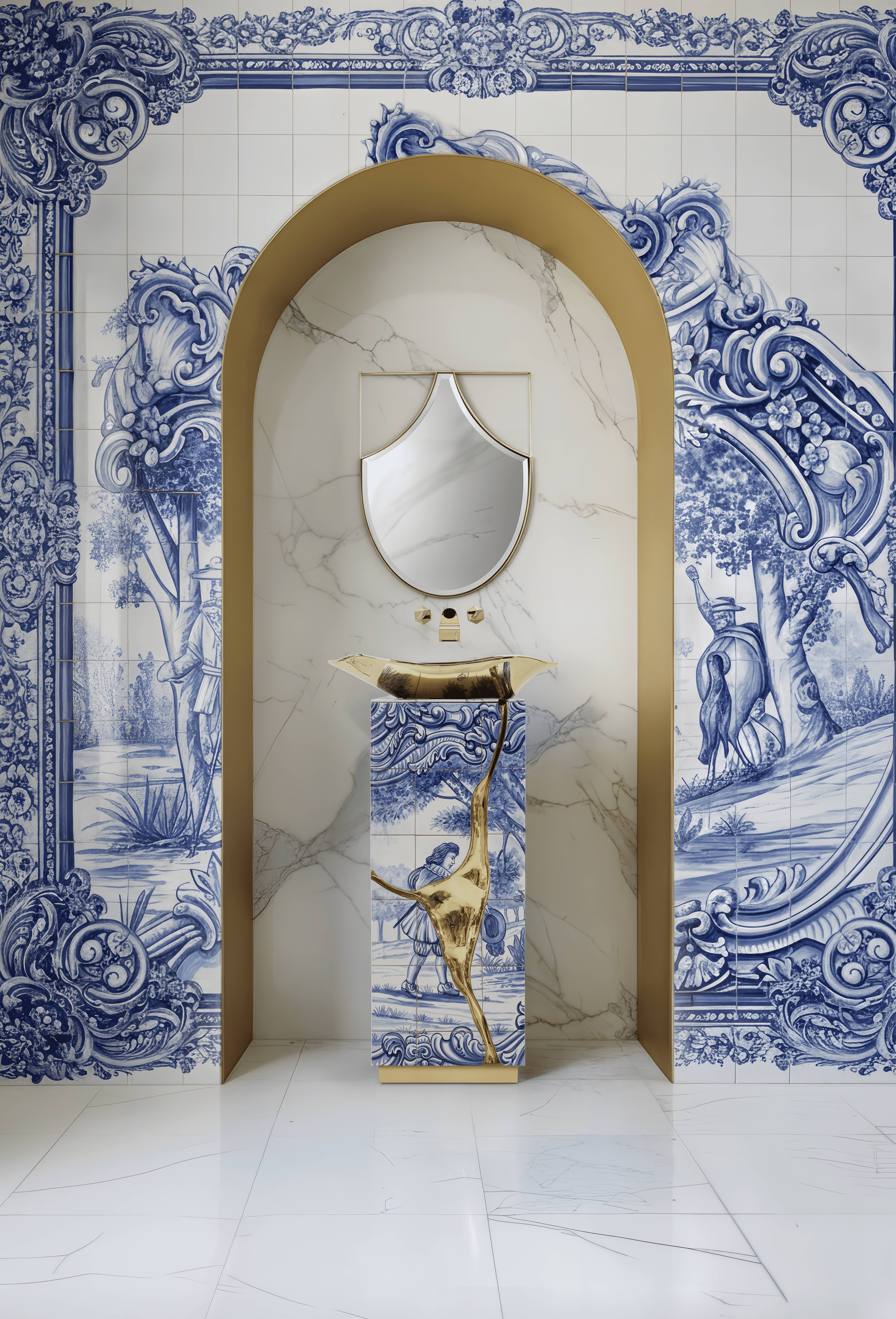 Lapiaz Pedestal Sink and Koi Mirror with blue artistic tiles in a luxurious bathroom