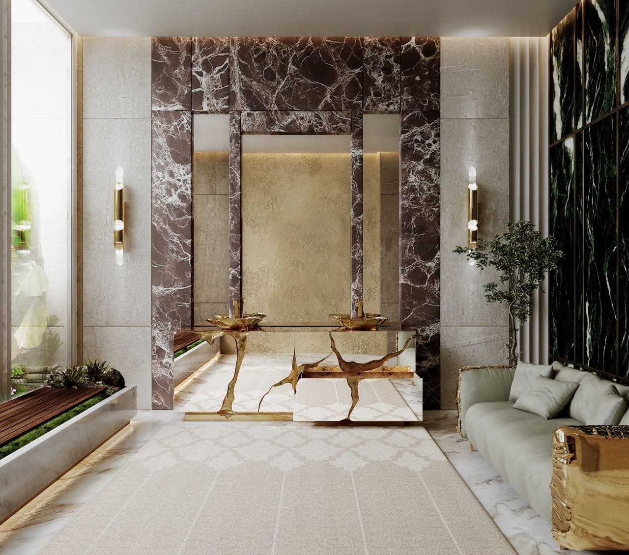 Lapiaz Vanity Cabinet with Draycott I Wall Lamp in a gold and marble luxury interior