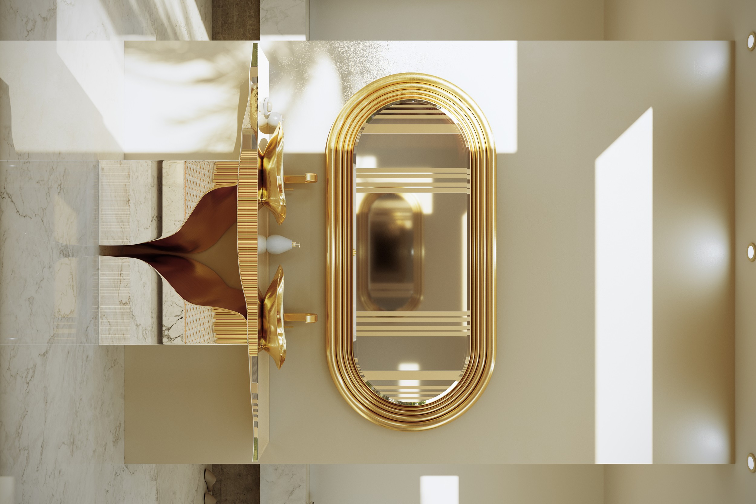 Luxurious master suite featuring Lapiaz Vessel Sink, Colosseum Mirror and Lapiaz Console