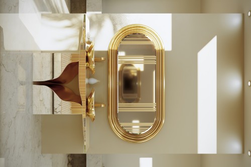 Luxurious master suite featuring Lapiaz Vessel Sink, Colosseum Mirror and Lapiaz Console