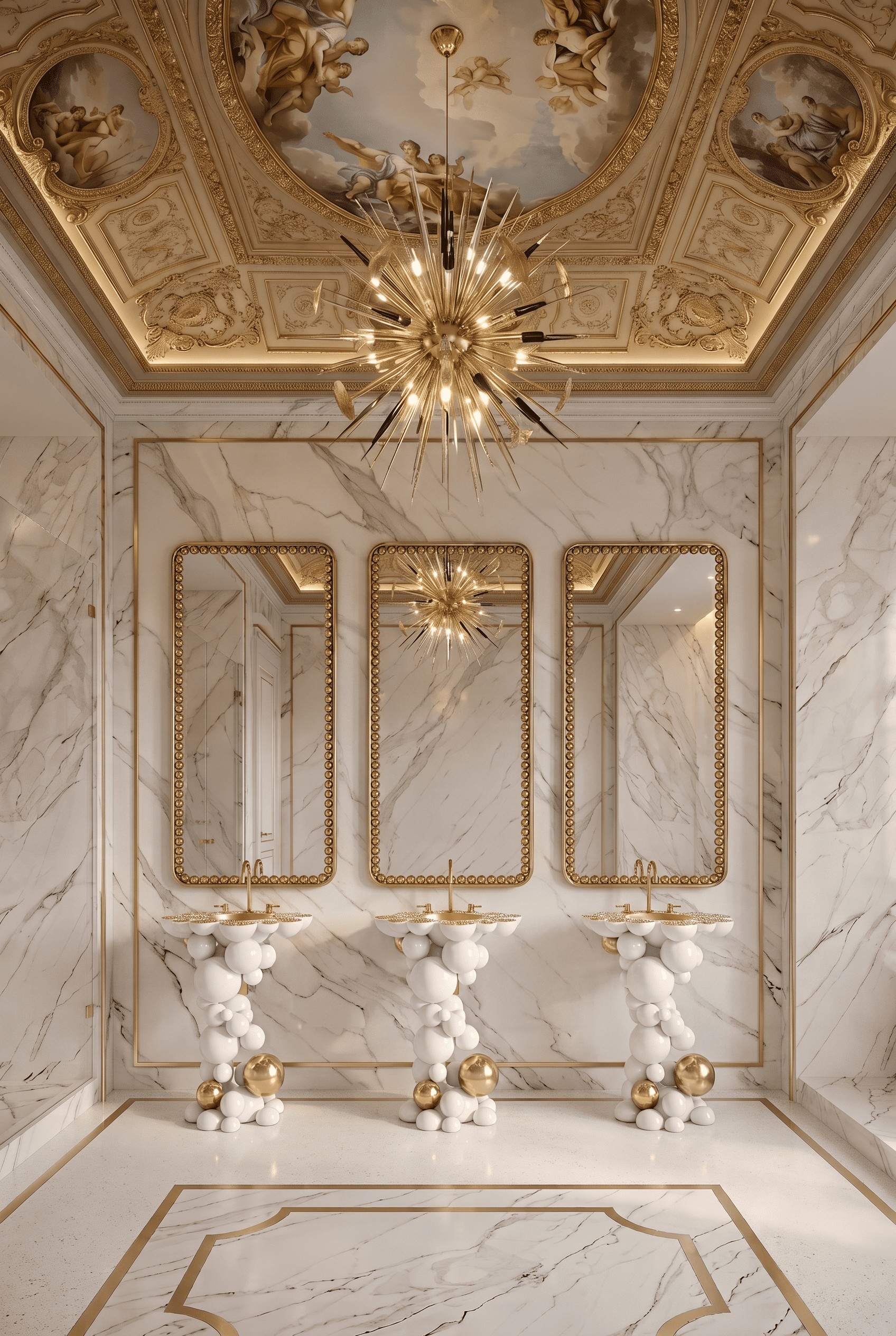 Luxurious master suite featuring Newton Pedestal Sink, Orbis Rectangular Mirror and Outburst Chandelier