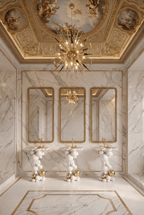 Luxurious master suite featuring Newton Pedestal Sink, Orbis Rectangular Mirror and Outburst Chandelier