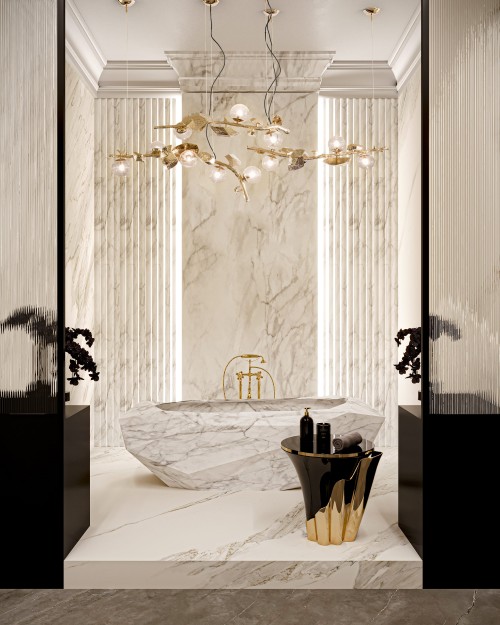 Luxurious master suite featuring Diamond Marble Bathtub, Yasmine Side Table and Hera Suspension Lamp