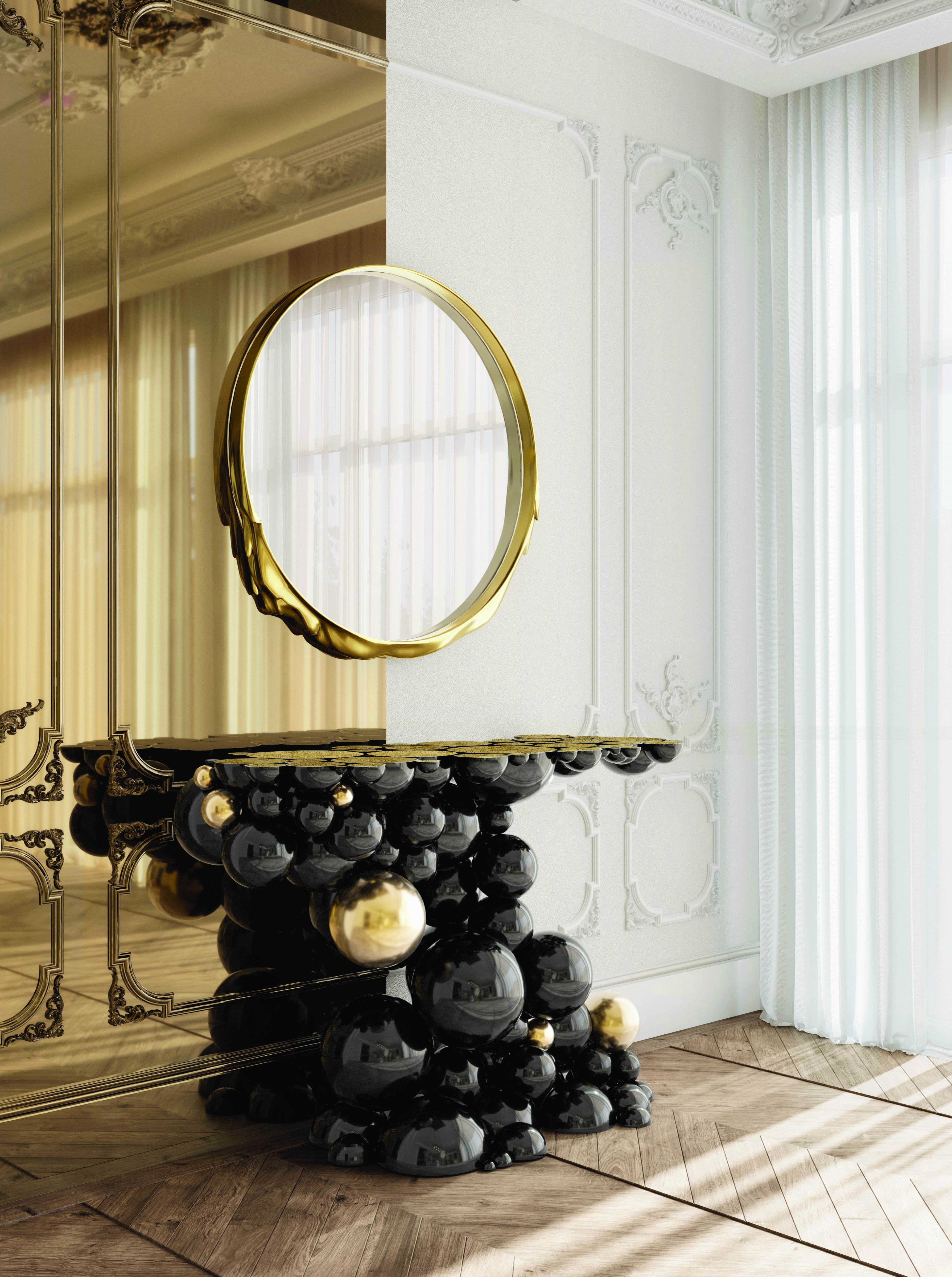 Luxurious master suite featuring Newton Vanity Cabinet and Magma Mirror