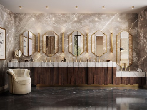 Luxury Hotel Bathroom Interior With Nazca Vanity Cabinet And Sapphire Mirror