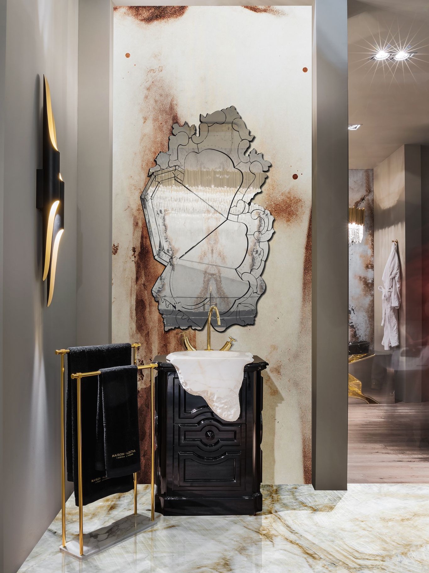 Master Bathroom Design With White And Brown Marble Details