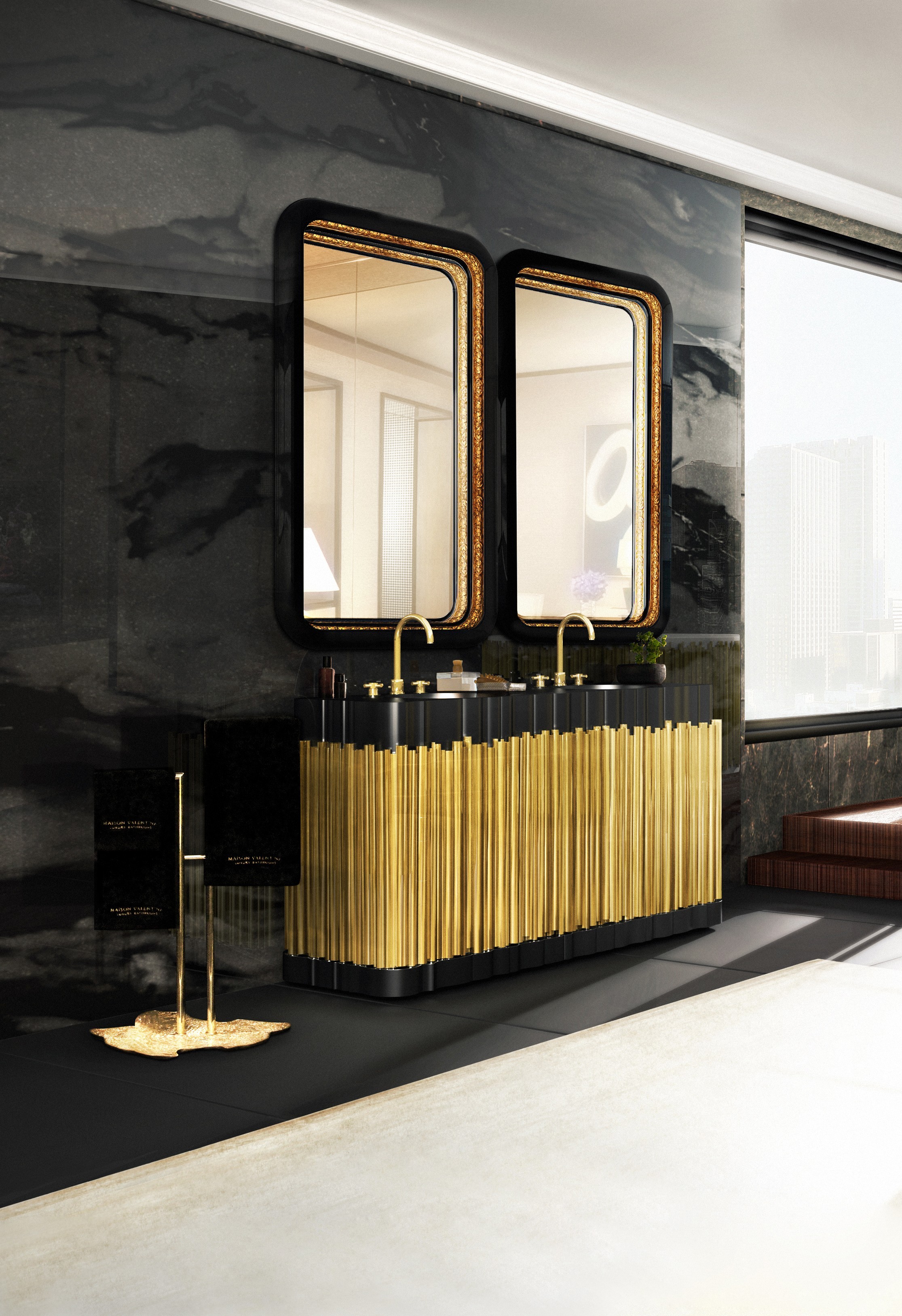 MOODY BATHROOM WITH THE GOLDEN SYMPHONY WASHBASIN AND THE EYE-POPPING RING RECTANGULAR MIRROR