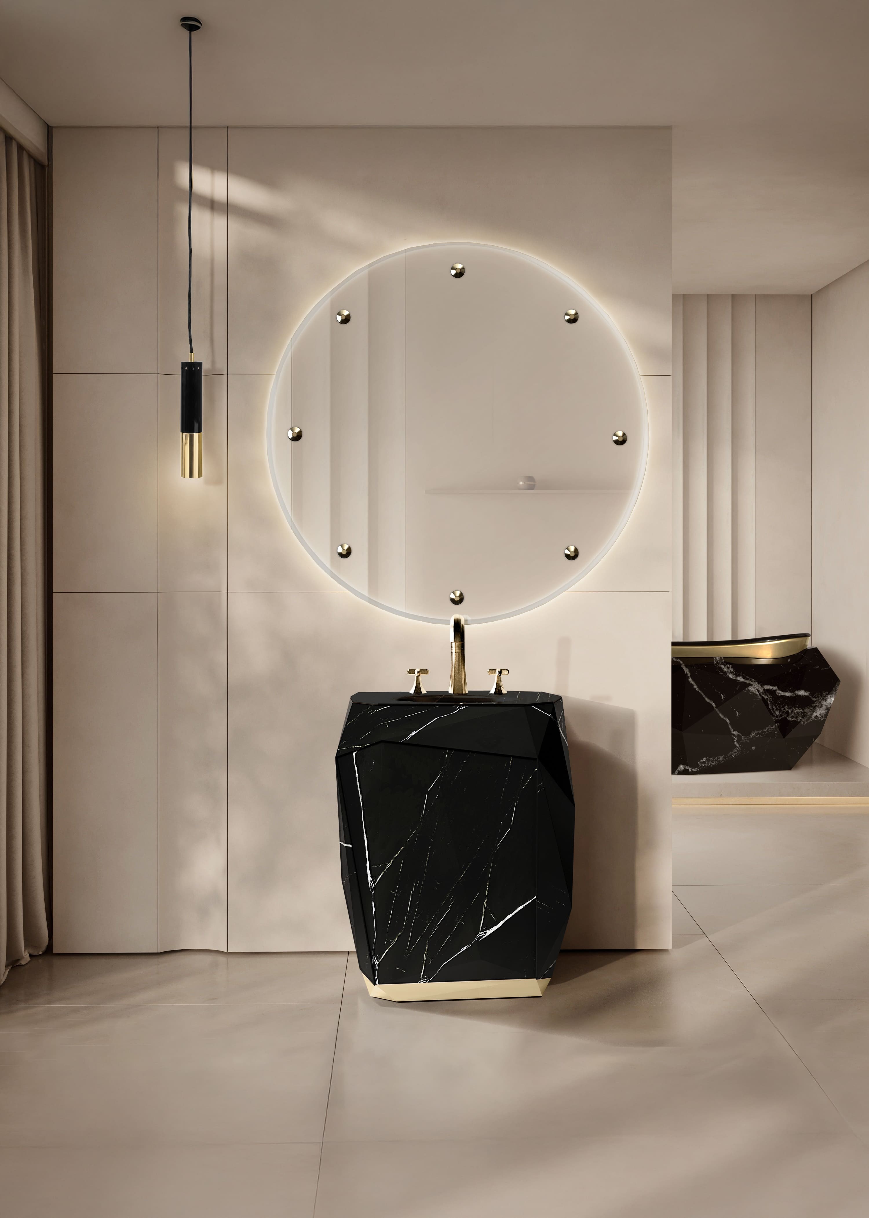 Opulent master suite featuring Diamond Bathtub, Diamond Pedestal Sink, Glimmer Mirror and Ike Suspension Lamp