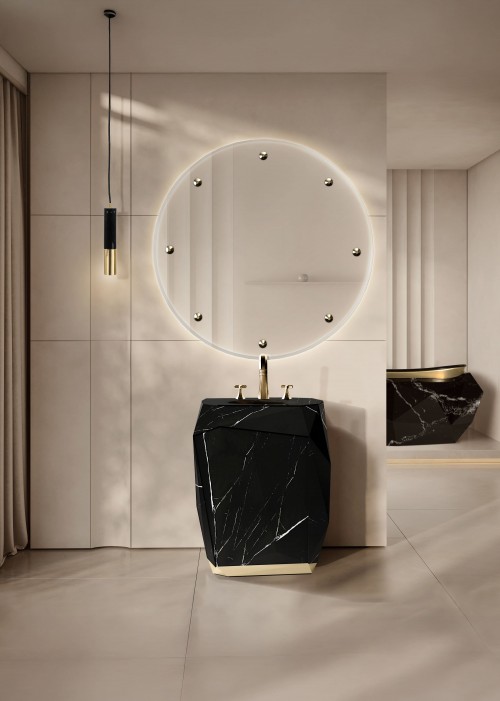 Opulent master suite featuring Diamond Bathtub, Diamond Pedestal Sink, Glimmer Mirror and Ike Suspension Lamp
