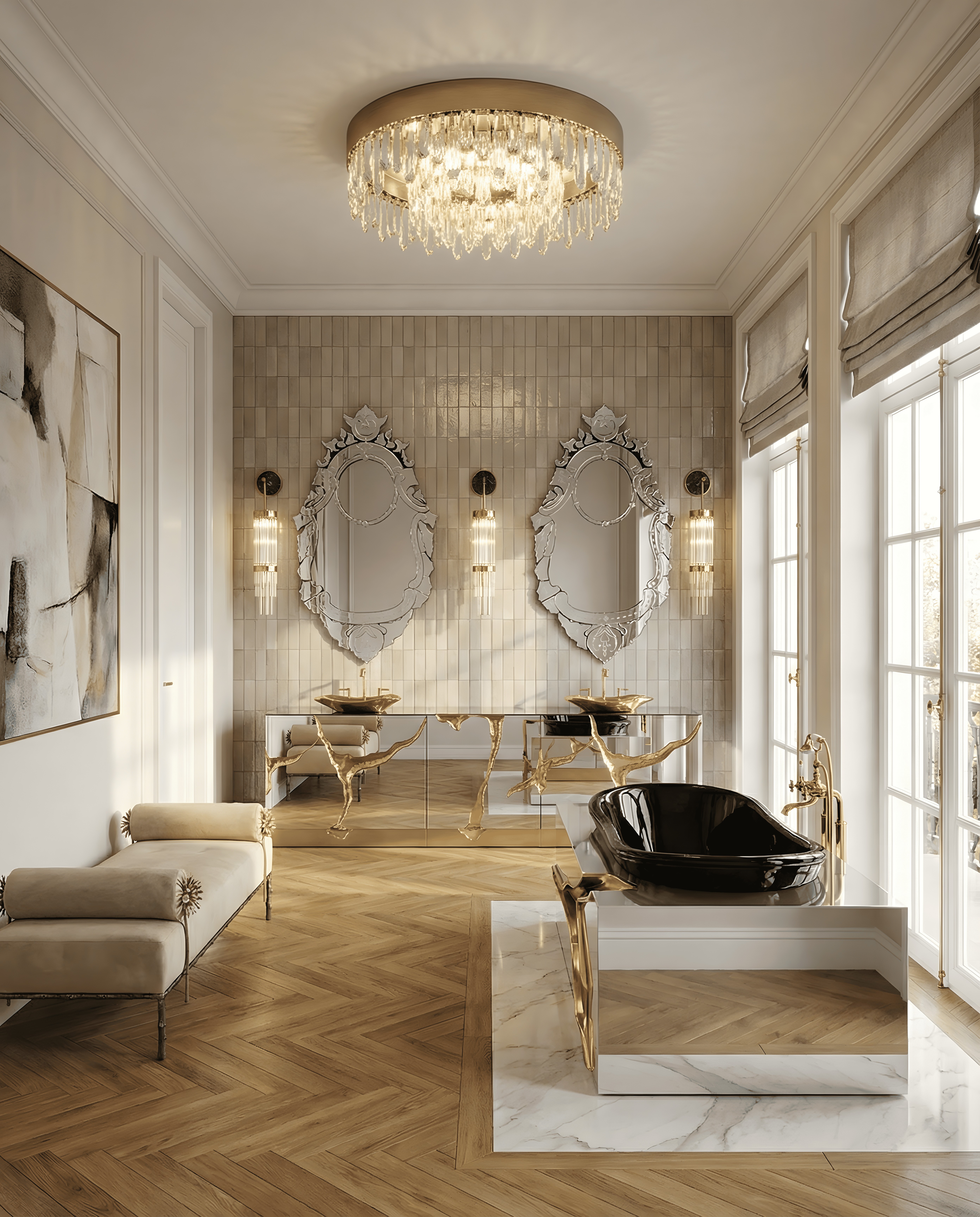 Opulent master suite featuring Lapiaz Bathtub, Lapiaz Vanity Cabinet, Pharo II Wall Lamp, Naicca Plafonier, Veneto Mirror and Privé Bench