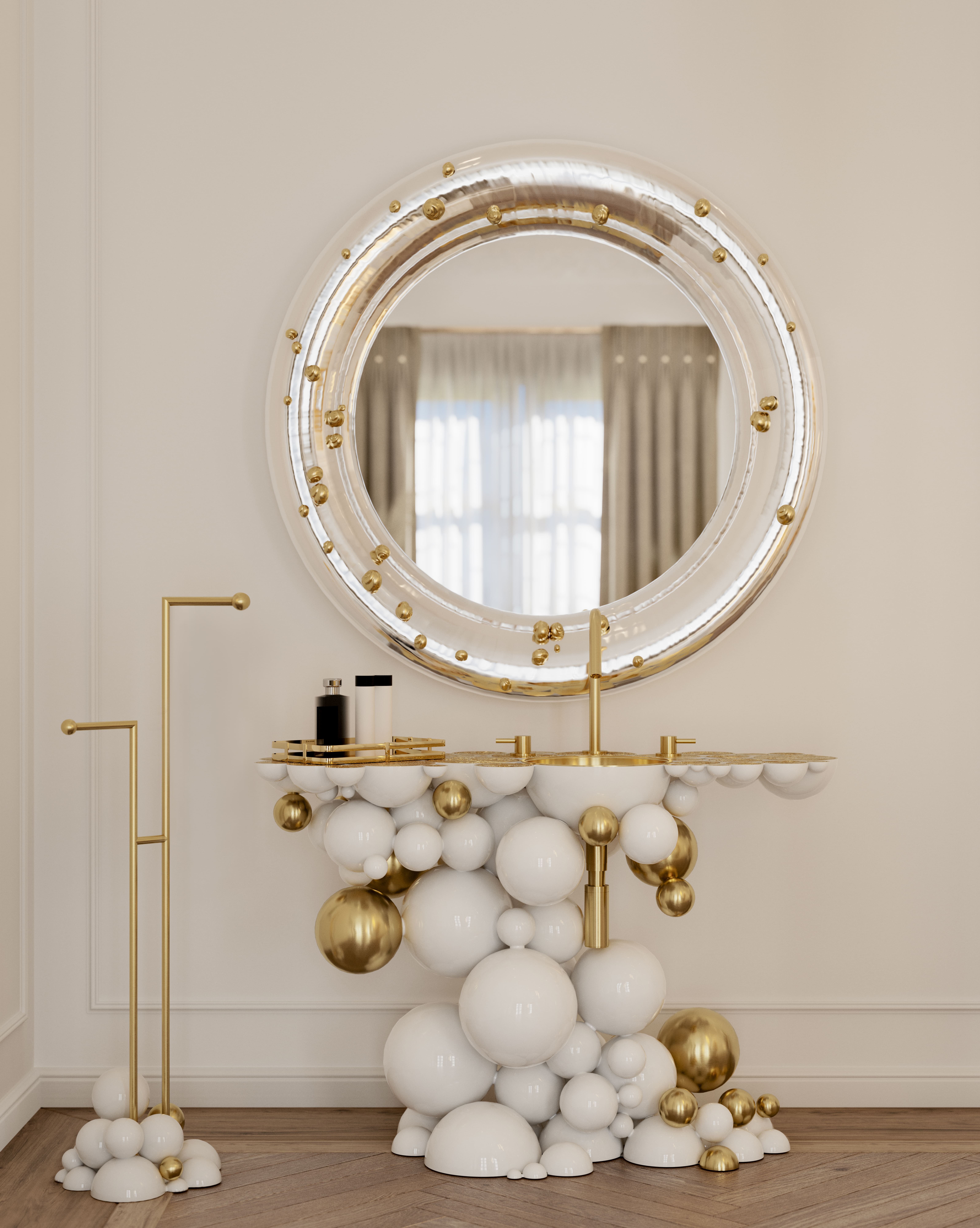 Refined master suite featuring Newton Vanity Cabinet, Newton Towel Rack and Belize Mirror