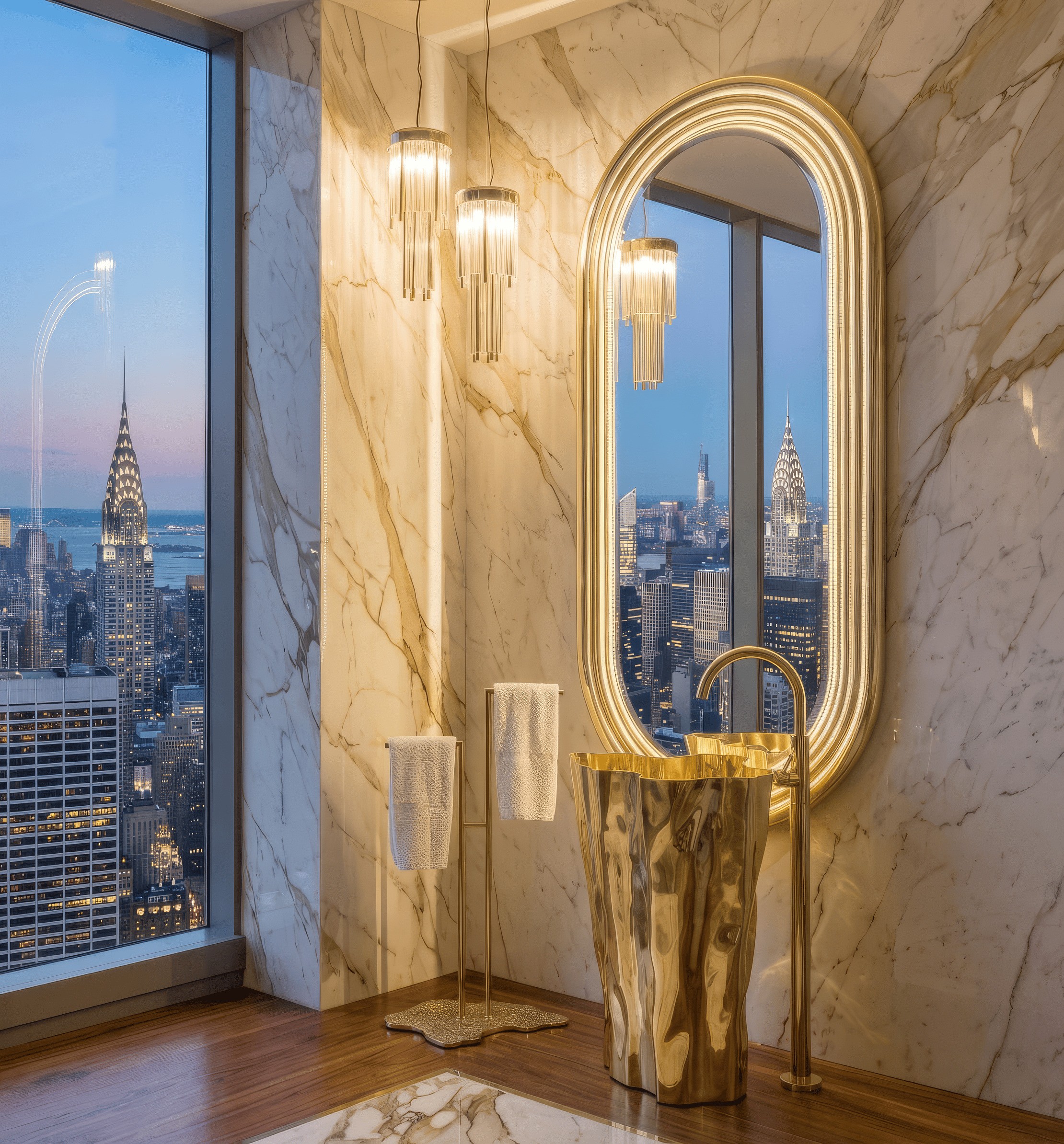 Refined master suite featuring Eden Towel Rack, Eden Pedestal Sink and Colosseum Mirror by Maison Valentina