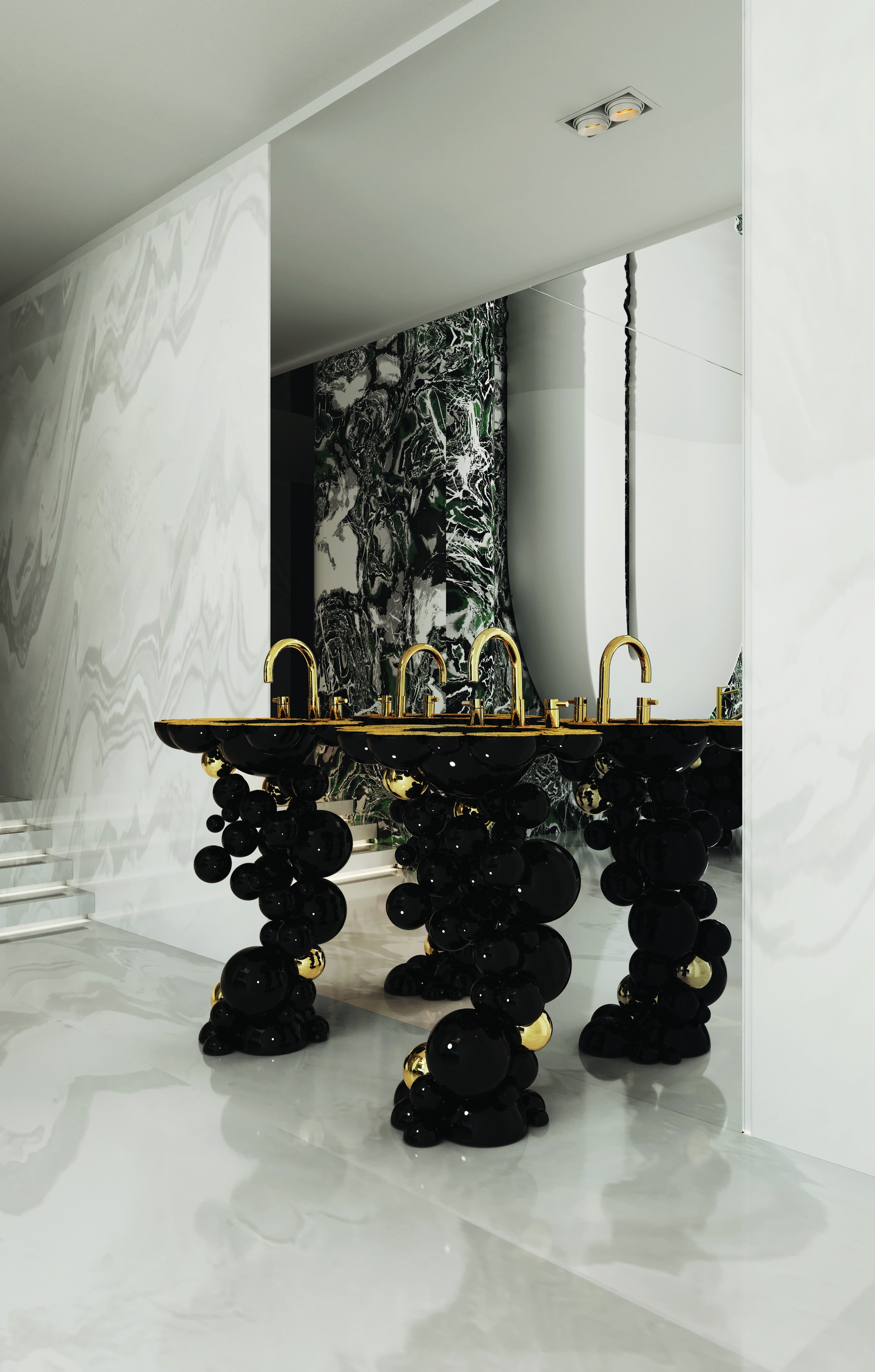 Sophisticated master suite featuring the Newton Pedestal Sink by Maison Valentina