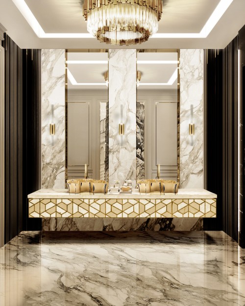 Splendid Marble Master Bathroom With Gold Vessel Sinks And Appointments