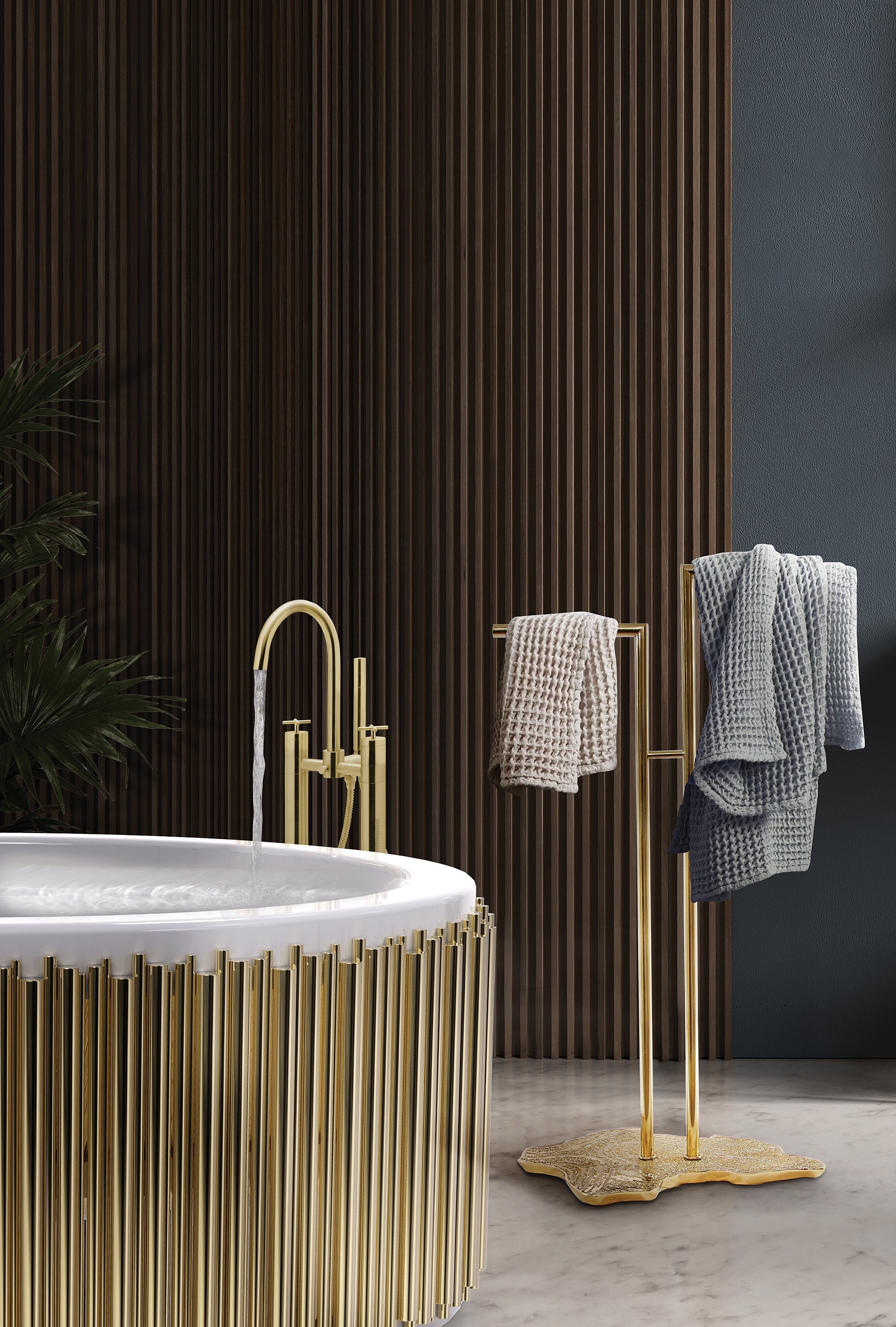 Symphony Bathtub and Eden Towel Rack Complement a Bathroom with Earthy Tones