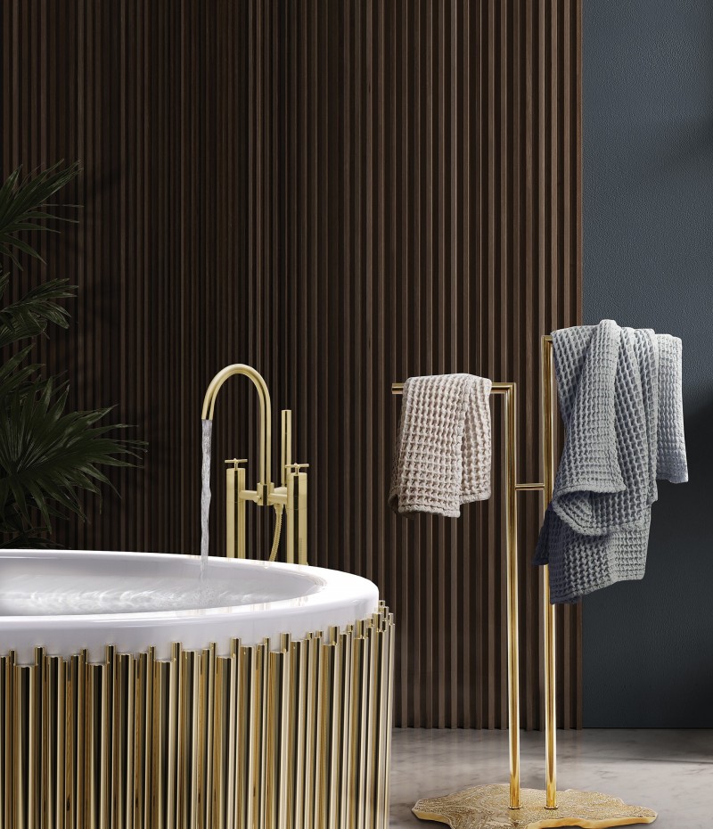 Symphony Bathtub and Eden Towel Rack Complement a Bathroom with Earthy Tones-1