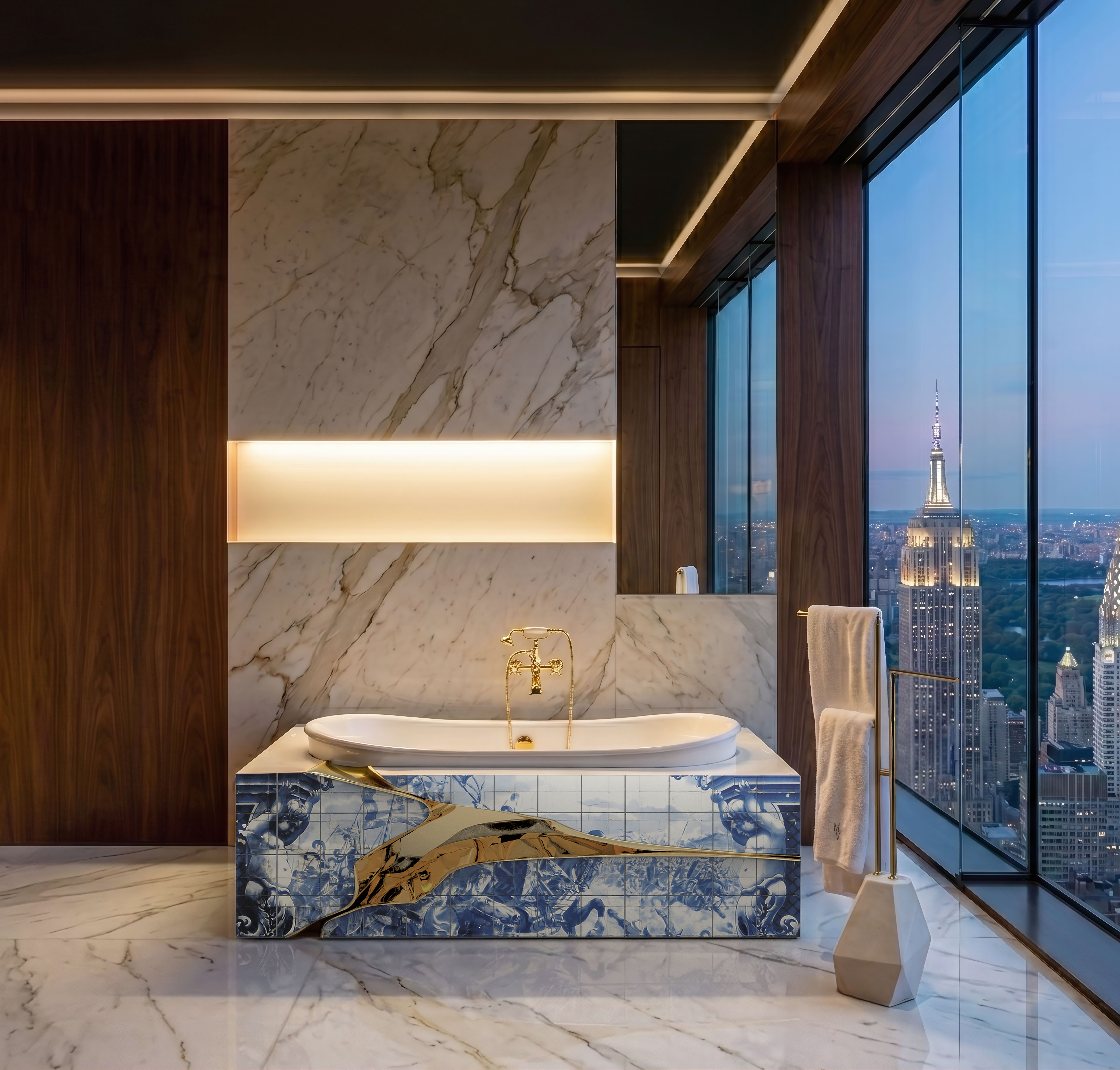 Timeless master suite featuring Heritage Bathtub and Diamond Towel Rack by Maison Valentina