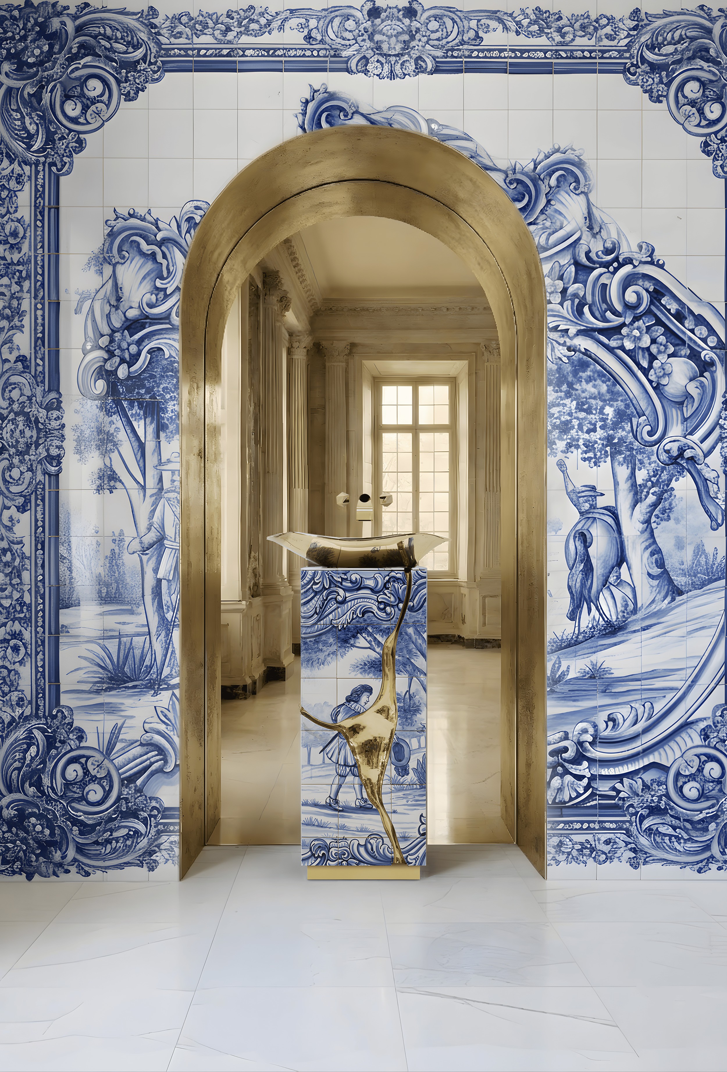 Timeless master suite featuring the Lapiaz Heritage Pedestal Sink by Maison Valentina