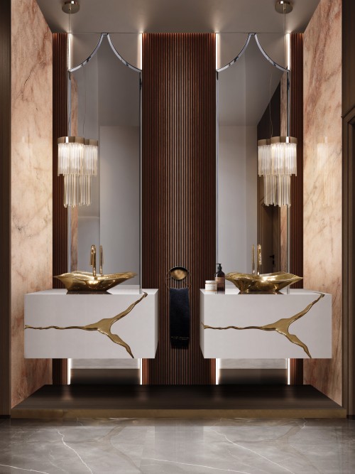 Timeless Opulence Meets Contemporary Elegance with Peach Fuzz Marble and Gold Accents