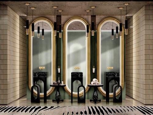 Timeless Symmetrical Bathroom Design In Black And Gold