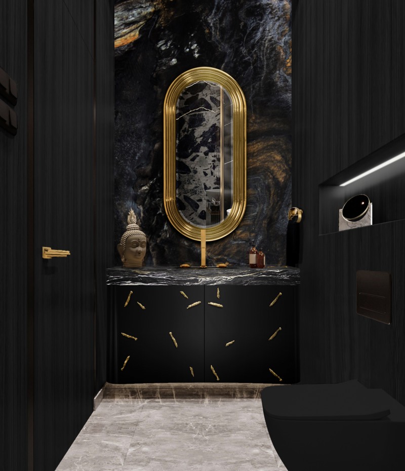 Unparalleled Modern Bathroom Design In Dark And Gold Tones-1