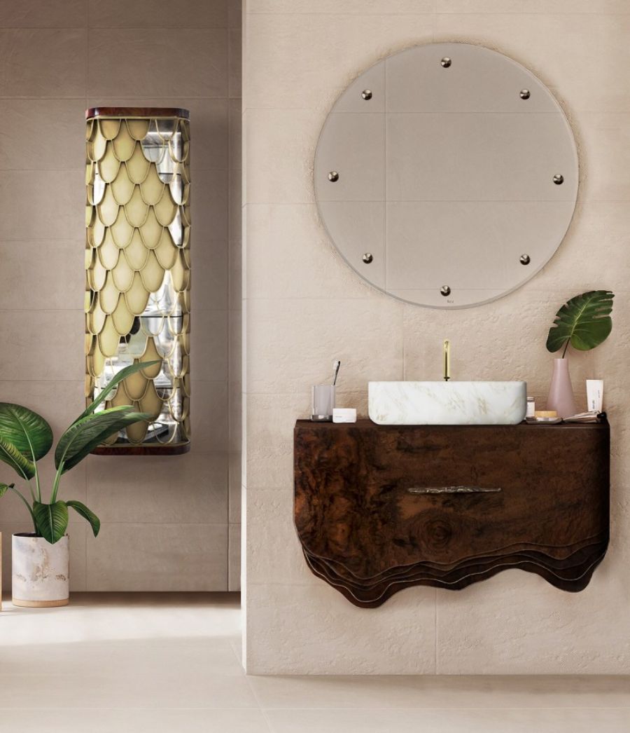 Bathroom Accessories that will Make your Bathroom Style Pop Out,  round mirror, cabinet and wooden