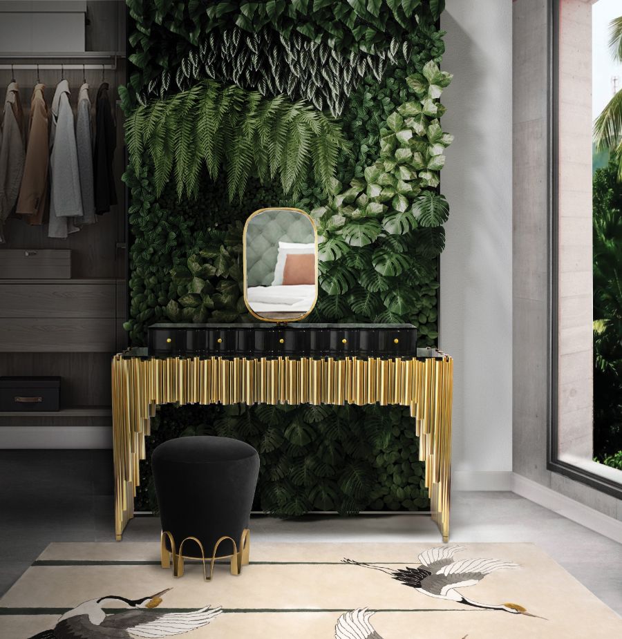 Dressing Rooms, black and gold dressing table with big mirror, and black velour stool and rug with storks.