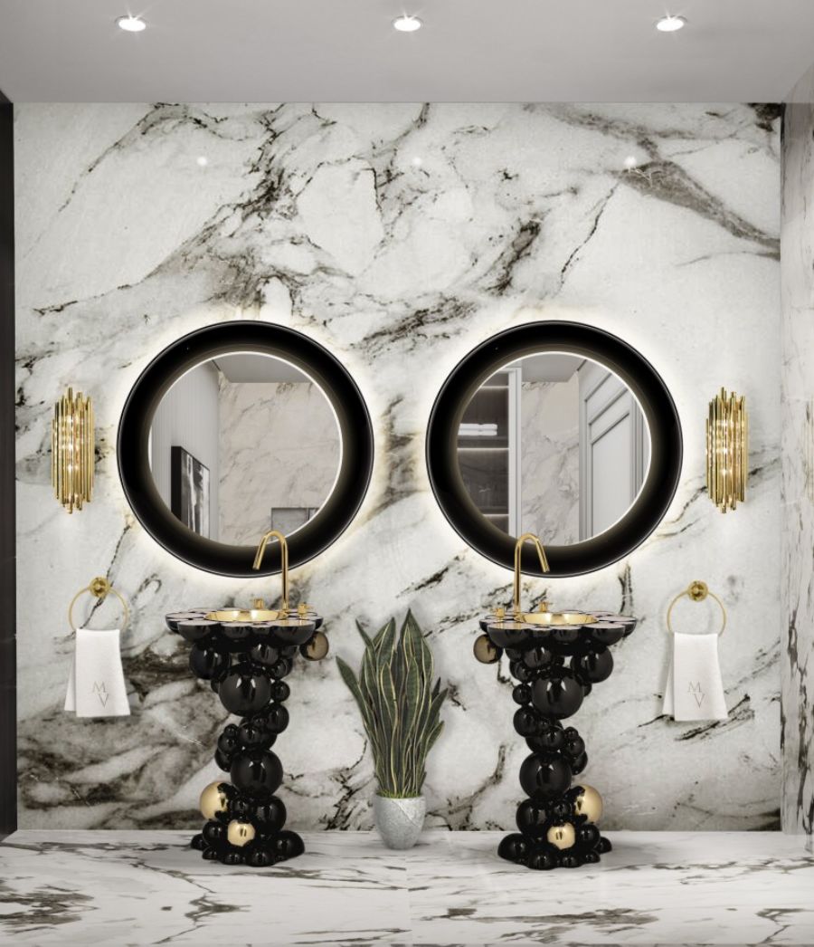 Bathroom Accessories that will Make your Bathroom Style Pop Out, black mirror and black and gold freestanding