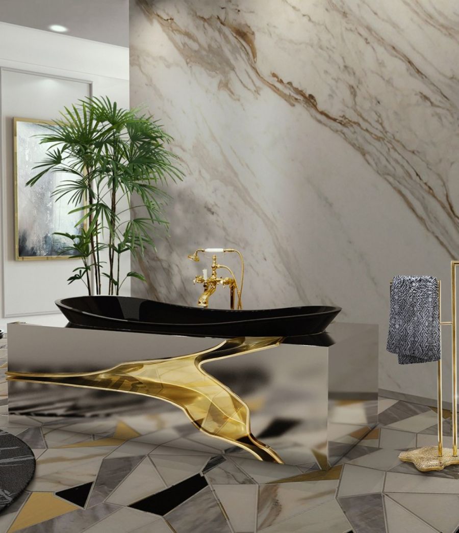 Bathroom Accessories that will Make your Bathroom Style Pop Out, white, gold and black bathtub and golden freestanding