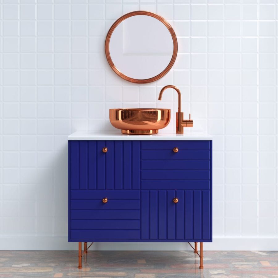 Bathroom Accessories that will Make your Bathroom Style Pop Out, white bathroom with blue and brass furniture